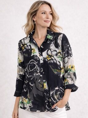 Chico’s Silk Blend Artsy Abstract Floral Button Down Blouse Black White Size 2/L